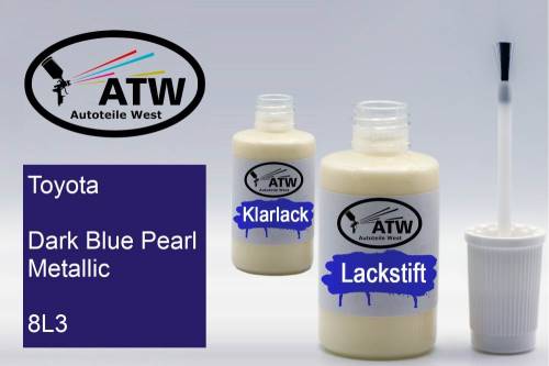 Toyota, Dark Blue Pearl Metallic, 8L3: 20ml Lackstift + 20ml Klarlack - Set, von ATW Autoteile West.